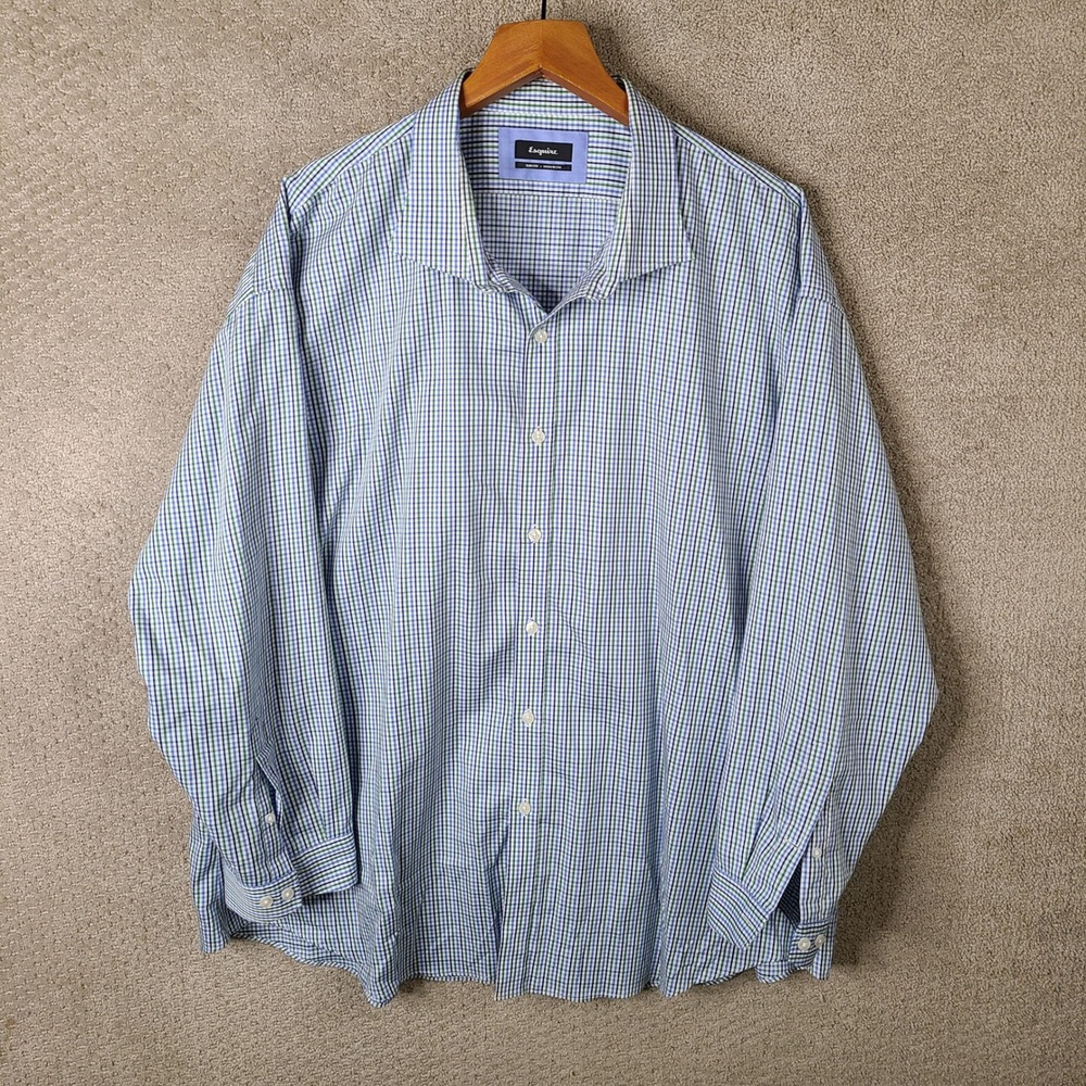 Esquire Shirt Men 20 34/35 Blue Green Check Slim Fit Button Down Cotton Non Iron